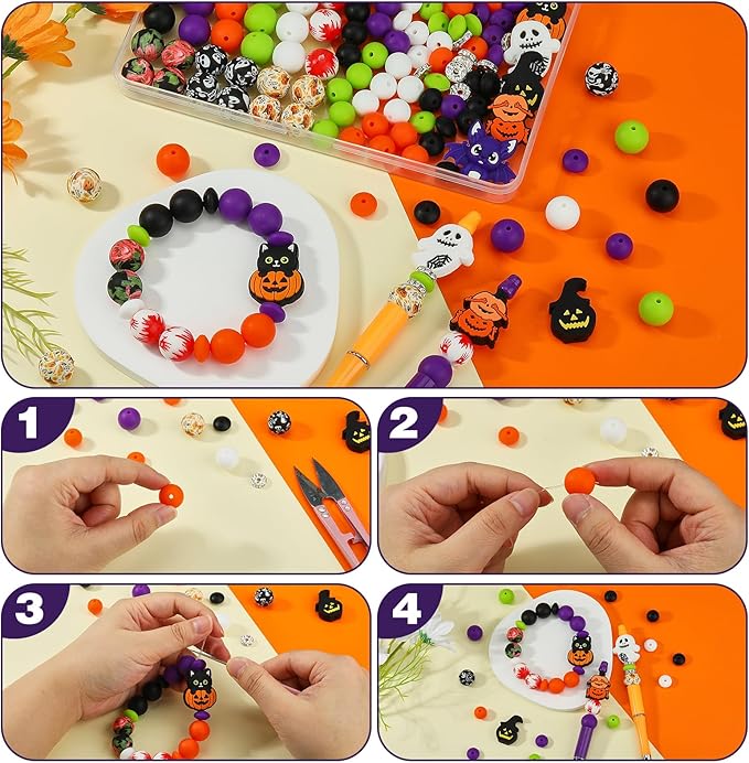 121 Pcs Halloween 12mm 15mm Silicone Beads Kits for Keychain Making 3D Bat Focals Round Focal Beads for Pens Bracelets Necklace DIY Crafts Jewelry Making