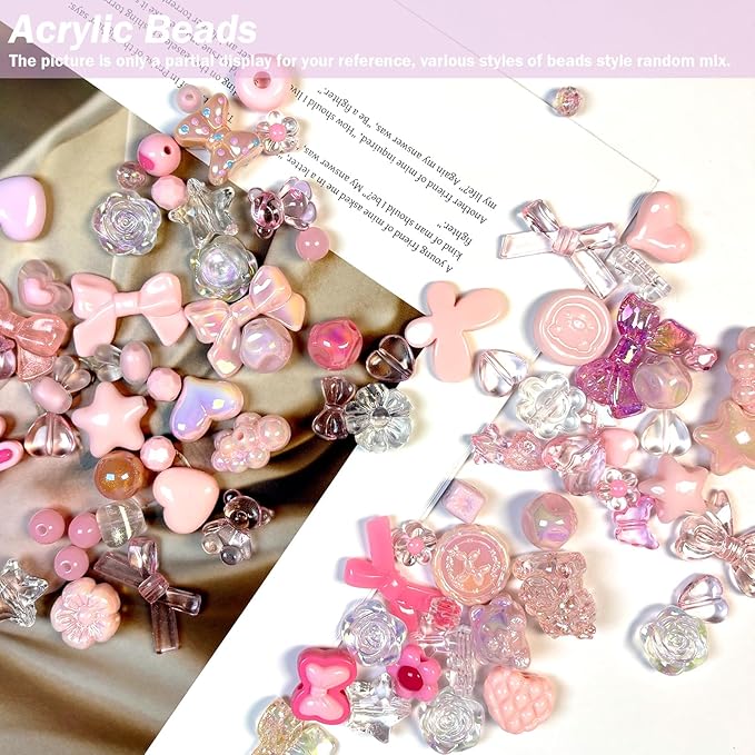 Assorted Acrylic Beads for Bracelet Making Kit, 150g Pink Cute Beads for Keychain Making, Kandi Charms, Kawaii Jewelry Making, DIY Crafts
