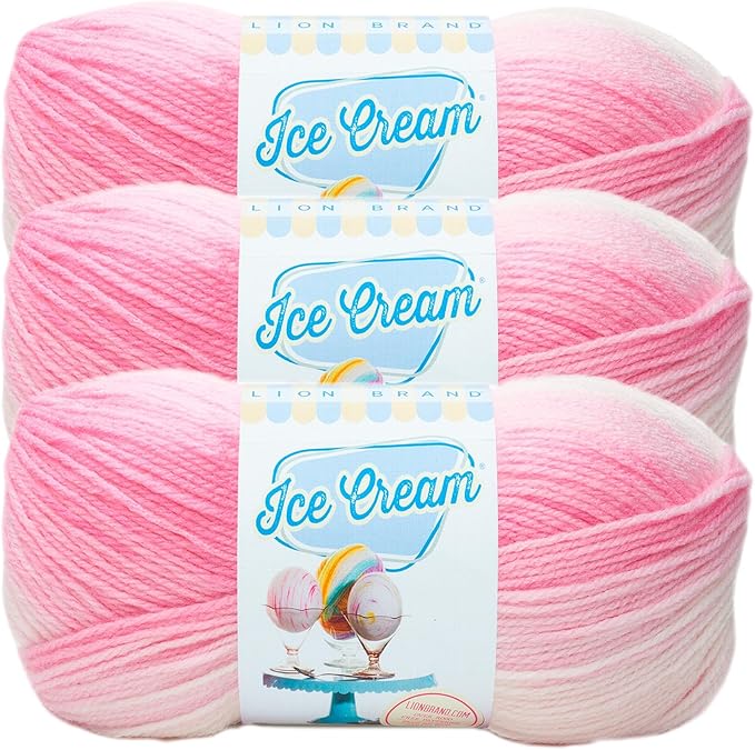 Lion Brand Yarn, Ice Cream Baby Yarn for Knitting, Crochet, and Crafts, Strawberry, 3 Pack, DK Weight Colorful Acrylic Fiber for Baby Blankets, Hats, and Sweaters