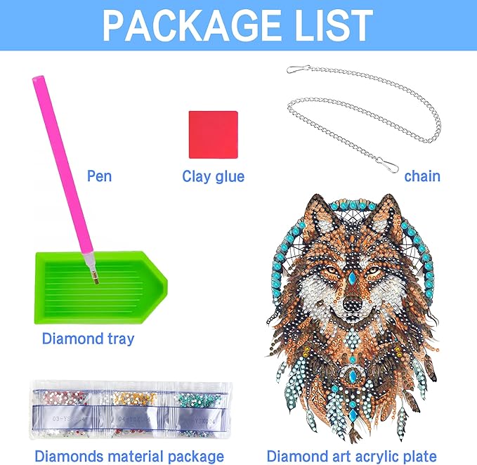VAIIEYO Wolf Diamond Painting Hanging, Animal Diamond Painting Suncatchers Double Side Window Hanging Kit with Chain, 7.5x7.5 inch Crystal Pendant Art Craft for Gift Home Wall Front Door Decoration