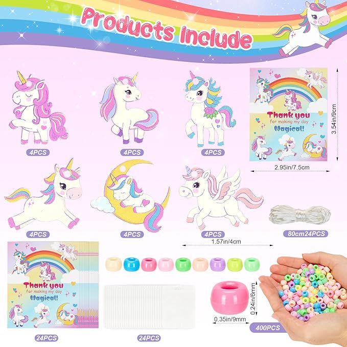 Bafeil 24 Set Unicorn Crafts Jewelry Necklace Making Kit, Wood Unicorn Charms with Pony Beads DIY Set for Arts and Crafts, Dress up, Birthday Party Favors, Gifts, Goodie Bag Stuffers, Group Prizes