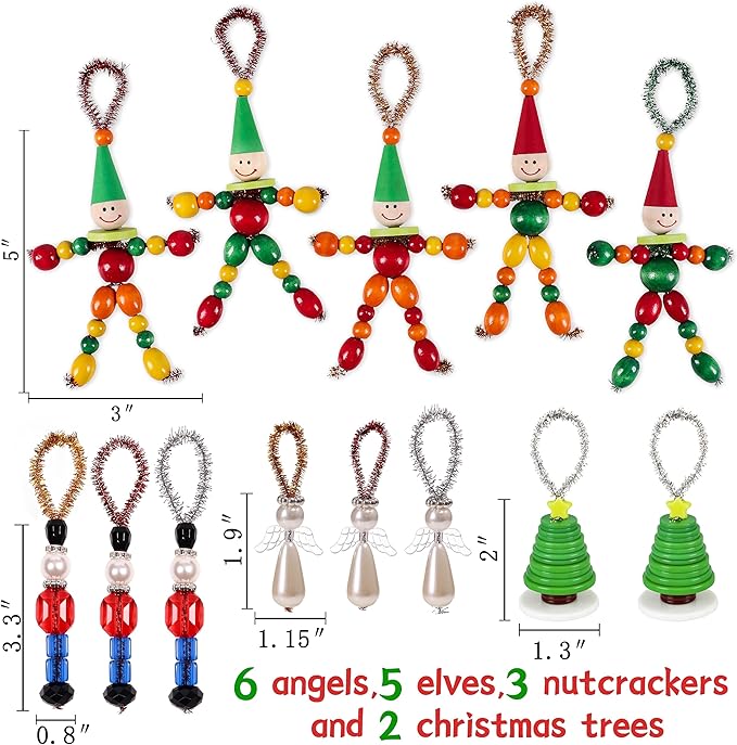 Tieshankao 16PCS Christmas Crafts DIY Beads Ornaments Kits for Adults Include Nutcracker, Angel, Elf, Tree - Xmas Holiday Toys Gifts Stocking Stuffers Decor Party Decorations Supplies(Need Assembly)