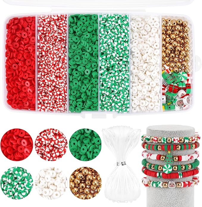 Christmas Clay Beads for Bracelets - 5000 Pcs Christmas Beads, 30 Xmas Charms, 100 Gold Spacer Bead, Red Green Heishi Bead Kit for DIY Christmas-Bracelet Making Kit & Jewelry Crafts