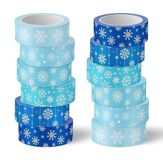 Whaline 12 Rolls Winter Washi Tape Blue Snowflake Theme Washi Tape Masking Decorative Party Gift Warp Paper Tape for Christmas Winter Decor DIY Craft Scrapbook Party Favor Supplies