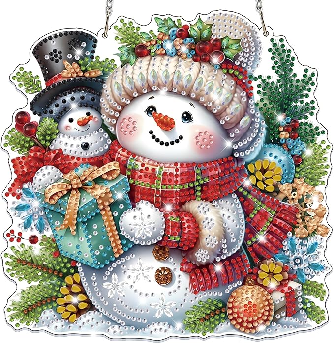 Bowetile Christmas Diamond Art Hanging Kits for Adults, Snowman Diamond Art Suncatchers, 5D Special Shape Diamond Painting Pendant Window Ornament Christmas Gifts for Home Door Wall Decor