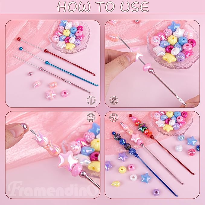 Framendino, 6 Pack DIY Beadable Crochet Hooks Knitting Needles Set Aluminum Handle 3 mm for Focal Beads Colors