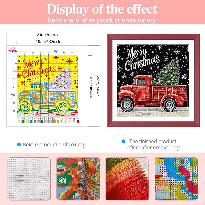 Zhenqing Christmas Joy Cross Stitch Kit – 11CT 9.45x9.45 Inch Aida Cloth with Vintage Truck, Tree & Snowflakes – Festive Embroidery Set for Holiday Decor(67901)
