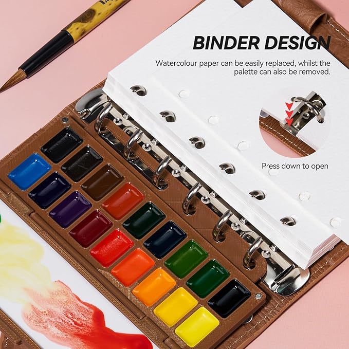 Portable Watercolor Sketchbook Set - 100% Cotton 5.1x3.0 Inch Cold Press 20 Sheets Binder Art Journal with 18-Well Ceramic Paint Palette & Travel Watercolor Brushes for Artists Outdoor Painting