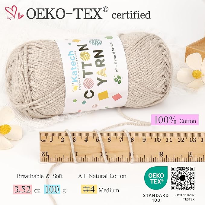 Katech 1OO% Cotton Yarn for Crocheting & Knitting-4 Pack of 100g/3.52 oz-4 Medium (Worsted) Cotton Crochet Yarn-Soft & Breathable-Ideal for Dishcloths, Baby Clothes, Potholders & Summer Projects(A)