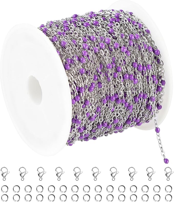 UMAOKANG 33ft Bead Chain for Jewelry Making Stainless Steel Cable Link Chain Spool Lavender Beaded Bracelet Chain with Open Jump Rings and Lobster Clasps