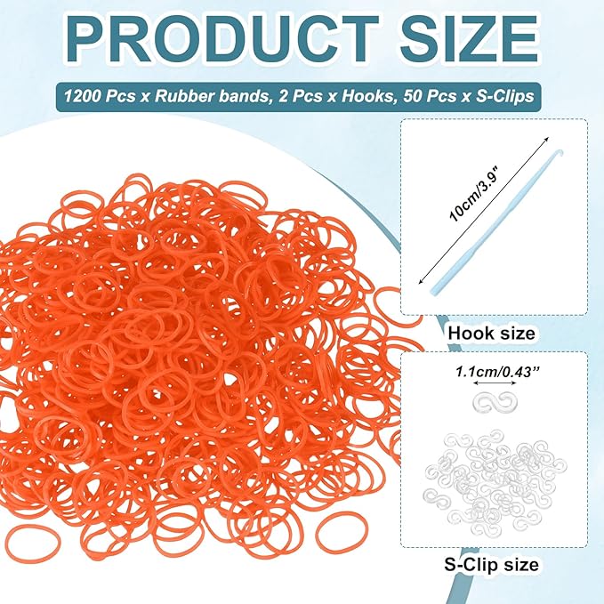 MECCANIXITY 1200 Pcs Loom Rubber Bands Kit with 50 Pcs S-Clips 2-Hooks Rubber Bands Refill Bracelet Making Kits for Weaving DIY Handcrafts Gift, Orange Red