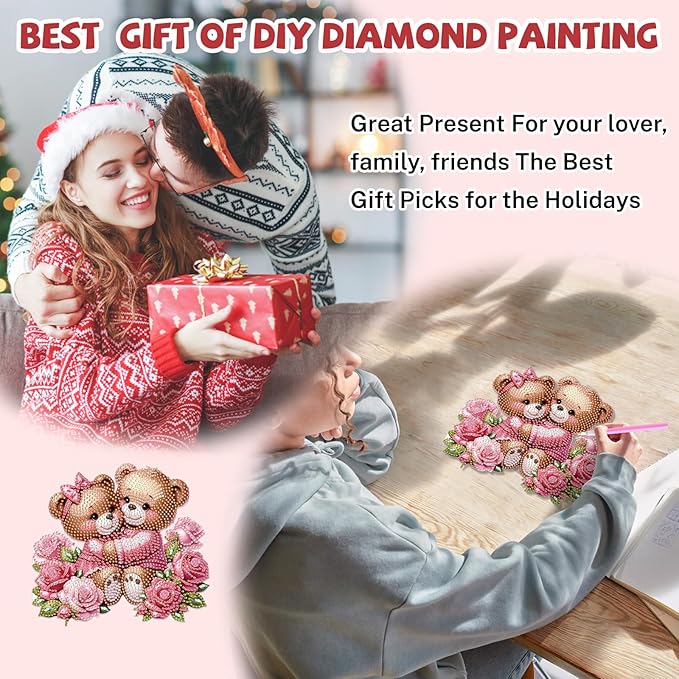 Bowetile Valentine's Day Diamond Art Hanging Kits for Adults, Diamond Art Suncatchers Couple Bear, 5D Special Shape Diamond Painting Flowers Pendant Window Ornament Gifts for Home Door Wall Decor