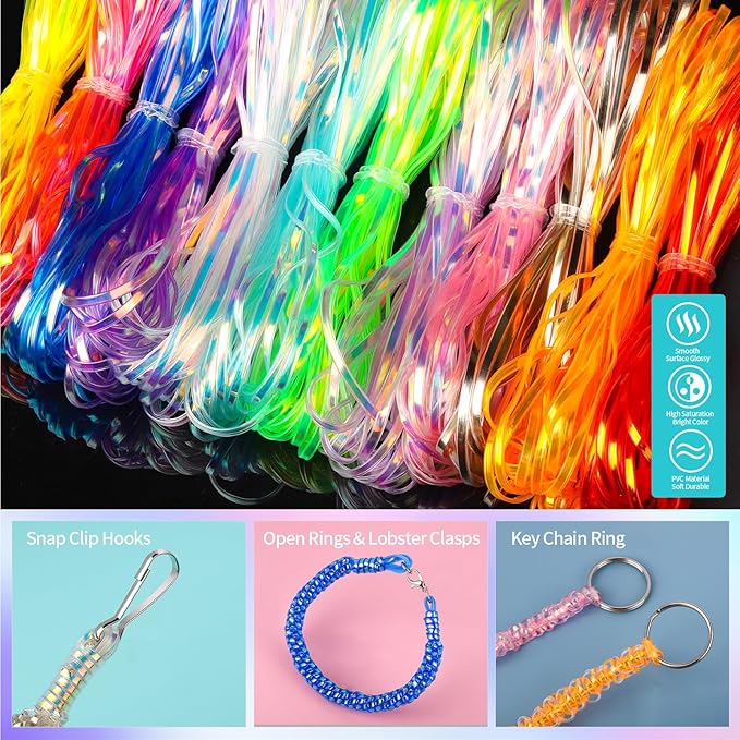 Fandamei Lanyard String Kit, 12 Laser Colors Plastic Lacing Cord, Glossy Laser Color, Lanyard String for Crafts, Bracelets and Jewelry Making Weaving Kit, Plastic for Bracelets