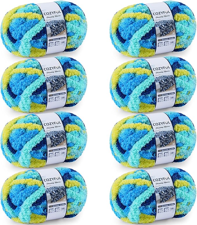 Chunky Yarn for Hand Knitting - #10 Chunky Chenille Blanket Yarn, Jumbo Big Thick Chunky Yarns for Crocheting, Tie Dye Bulky Knit Yarns, 8 Skein (25 yds 8 oz Each Skein), Multi Blue & Yellow