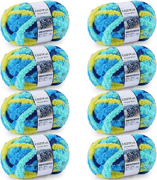 Chunky Yarn for Hand Knitting - #10 Chunky Chenille Blanket Yarn, Jumbo Big Thick Chunky Yarns for Crocheting, Tie Dye Bulky Knit Yarns, 8 Skein (25 yds 8 oz Each Skein), Multi Blue & Yellow