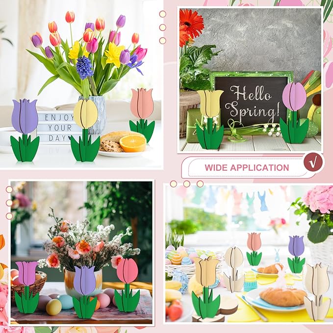 MotiMind 60 Pcs Spring Crafts Set 48 Pcs 3D Wooden Flower Cutouts Unfinished Tulip Slices Wood Daisy to Paint with 12 Colored Pens for Mother's Day Summer Floral Handmade Craft DIY Project