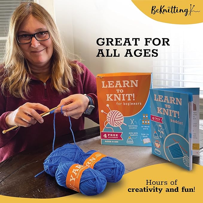 BeKnitting Knitting Kit for Beginners Adults & Kids - Learn to Knit - Yarn, Pompom Makers, Needles & Other Supplies | Holiday Gifts, Gift-Ready Box