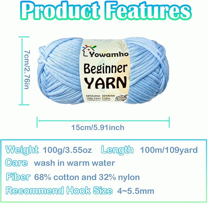 Yarn for Crocheting & Knitting, 100g Cotton Yarn for Beginners with Easy-to-See Stitches,100m (109yds) Worsted Soft Cotton-Nylon Blend Yarn, Black.