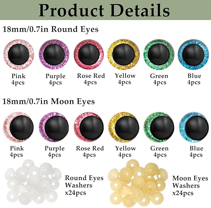 MAOQIAN 96pcs Safety Eyes for Amigurumi, 6 Colors 18mm Large Glitter Safety Eyes with Washers for Crocheting, DIY Crafts, Stuffed Animals