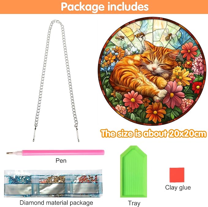 Zariocy Hanging Diamond Art Ornament Cat Kits for Adults – Special Crystal Double Sided Pendant, DIY Animal Diamond Painting Acrylic Board Window Pendants Home Garden Wall Hanging Decor 8x8 inch