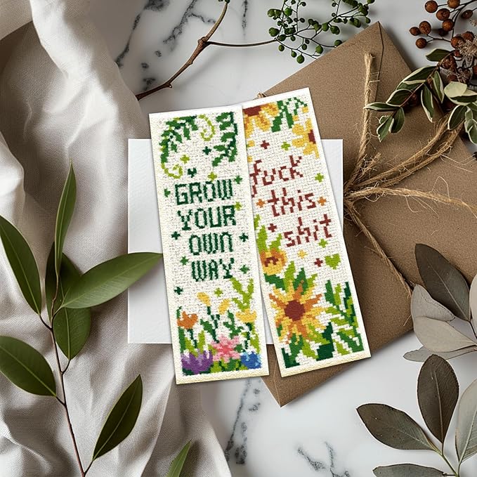 ORIGACH 6 Pcs Cross Stitch Bookmark Kit for Beginner Flowers Sayings DIY Stamped Embroidery Bookmark Kit for Starter Printed Cross Stitch Kits with Instruction for Book Lovers