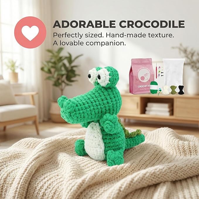 minimal beee Crocodile Crochet Kit for Beginners, Animals Easy-Peasy Yarn with Complete Starter Supplies, DIY Gift for Adults Crafts, Includes Video Tutorials & Patterns