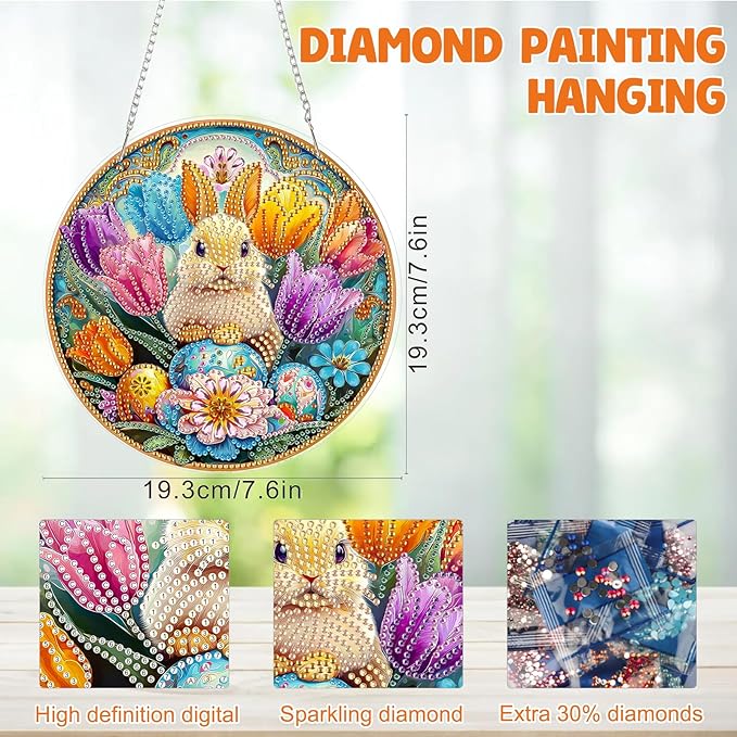 MAXBYE Easter Diamond Art Painting Kits Hanging Cute Rabbit Pendant, DIY 5D Special Shaped Tulips Gem Art Craft Diamond Dots for Adults and Home Window Door Decor 8×12Inch