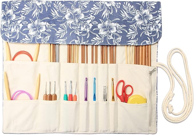 Teamoy Knitting Needles Holder Case(up to 14 Inches), Rolling Organizer for Straight and Circular Knitting Needles, Crochet Hooks and Accessories, Blue Flowers - NO Accessories Included