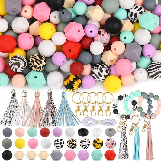 CZWZ 141pcs Silicone Beads for Keychain Making Kit 15mm 12mm Round 14mm Polygonal Silicone Loose Beads Bulk for Pens Bracelet Necklace Crafts Making