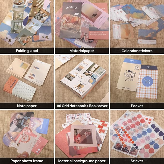 imoon Scrapbook Photo Album Supplies Kit with Tweezers and Glue Tape – Romantic Aesthetic Junk Journal Kit, Scrapbooking Paper, Sticker Pack, Notebook, DIY Craft, Gift for Adults (Sunset)