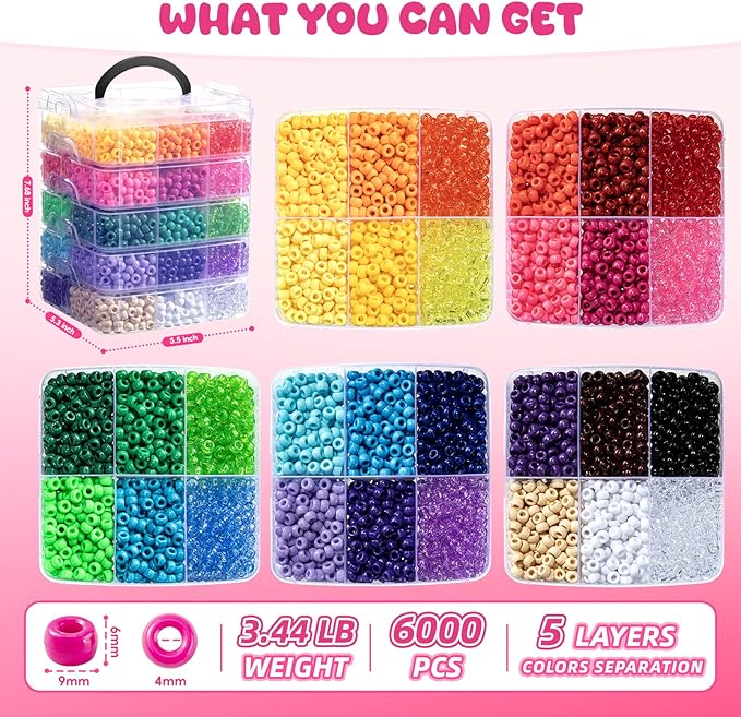 Simetufy 6000Pcs Pony Beads, 30 Colors 6x9MM Kandi Beads Bulk for Crafts Bracelet Making Hair Braiding Jewelry Key Chains DIY Crafts Christmas Gifts (3.44lb, Stack Box)