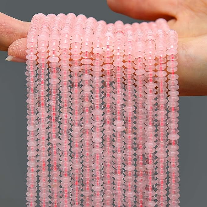 2 Strands (300PCs) Natural Pink Quartz Rondelle Beads, 2 * 4mm Gemstone Loose Spacer Abacus Disk Beads for DIY Bracelet Necklace Earrings Jewelry Making, Craft Supplies Beading Kit