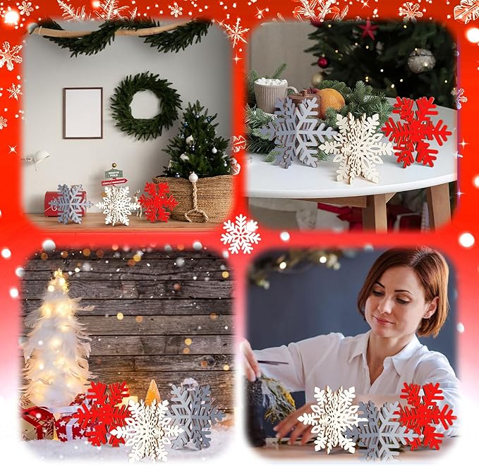 Blosssound 48 Pcs Winter Crafts Set 36 Pcs 3D Wood Snowflake Cutouts Wooden Unfinished Snowflake Slices to Paint with 12 Colored Marker for Winter Wonderland Decoration Christmas DIY Handmade Project
