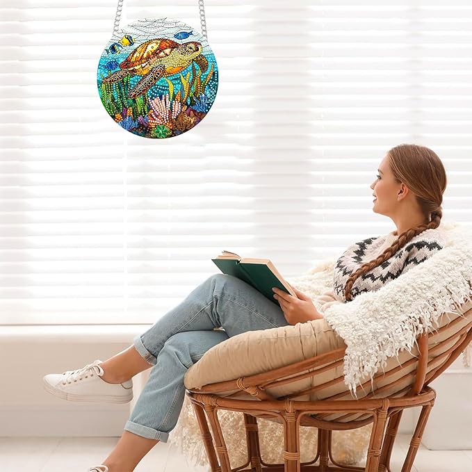 Bimkole Sea Turtle Diamond Art Hanging Kit for Adult, DIY 5D Diamond Art Animal Window Pendant, Acrylic Crystal Art Hanging Ornament Home Wall Garden Front Door Sign Outdoor Decor 7.8x7.8 Inch