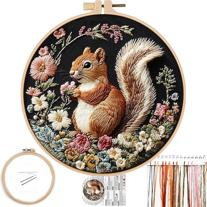 FONNUY Funny Squirrel Floral Embroidery Kit, Cross Stitch Kits for Beginners, Handmade Crafts with Printed Patterns for Beginner Adults, Easy to Follow Color Thread Needlework, 8'' Hoop (Funny)