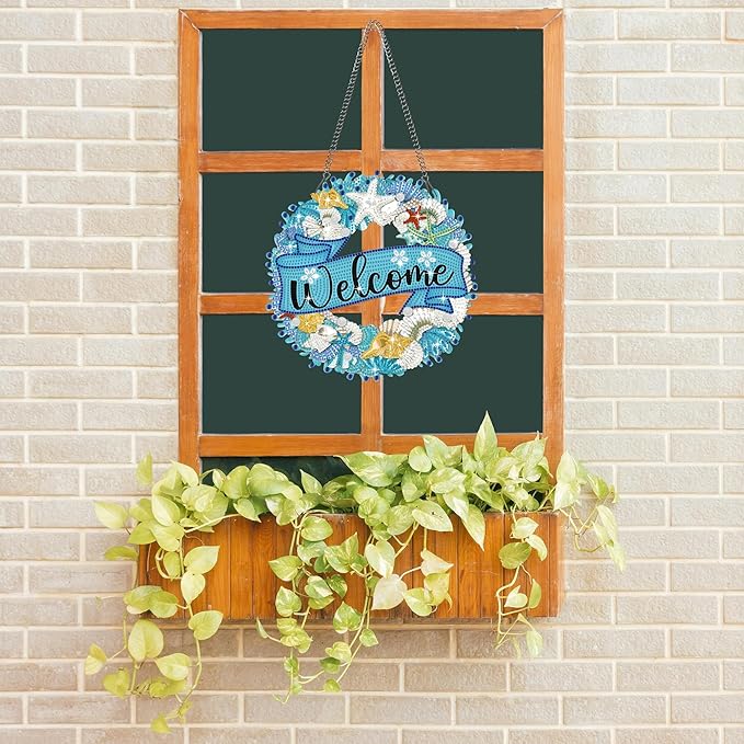 Muzagroo Art Welcome Sign Diamond Art Kits for Adults, 5D Diamond Hanging Ornament Kits for Front Door, DIY Special Shaped Diamond Dot Kits, Home Porch Crystal Hanging Pendant Ornament (Welcome)