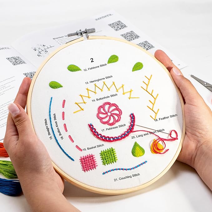 Azenera Beginner Embroidery Kit (4 Pack) Learn 33 Stitches with Easy DIY Video Tutorials, Coloured Design Patterns, Thread Floss, Cross Stitch Hoop, Gift (AZA100)