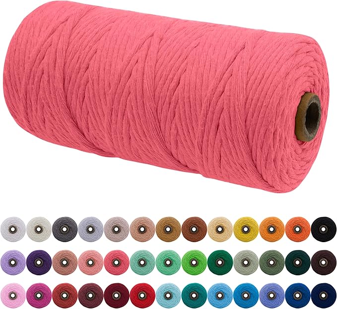 JeogYong Single Strand Macrame Cord 3mm x 109 Yards (328 Feet) Soft Cotton Rope Macrame Yarn 3 mm Macrame Cord, Macrame Supplies for Crafts Wall Hangings Plant Hangers Decorations (Watermelon Pink)