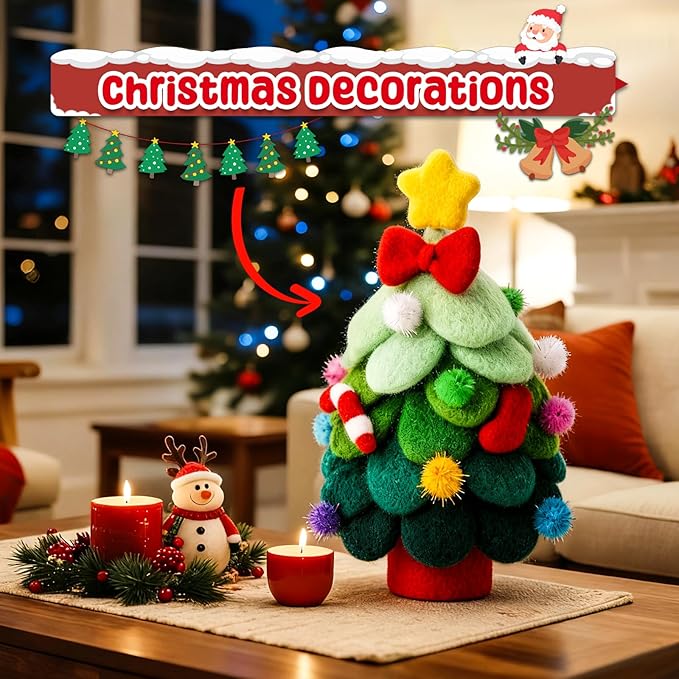KIDS KING Needle Felting Kit for Handicraft Beginners Teens & Adults – Christmas Tree Felting with Instruction, Material Tools: Wool, Needles, Felting Pad, Home Decorations Christmas Gifts