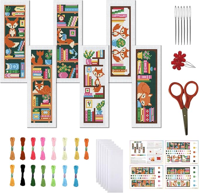 FREEBLOSS 6 Set Cross Stitch Bookmark Kits Fox Bookshelf Pattern Stamped Embroidery Kit Stitch Bookmarks DIY Book Marks Printed Cross Stitch Kits with Instructions for Beginners Adults, 8''x2.4''