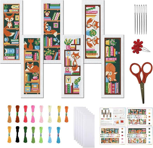 FREEBLOSS 6 Set Cross Stitch Bookmark Kits Fox Bookshelf Pattern Stamped Embroidery Kit Stitch Bookmarks DIY Book Marks Printed Cross Stitch Kits with Instructions for Beginners Adults, 8''x2.4''