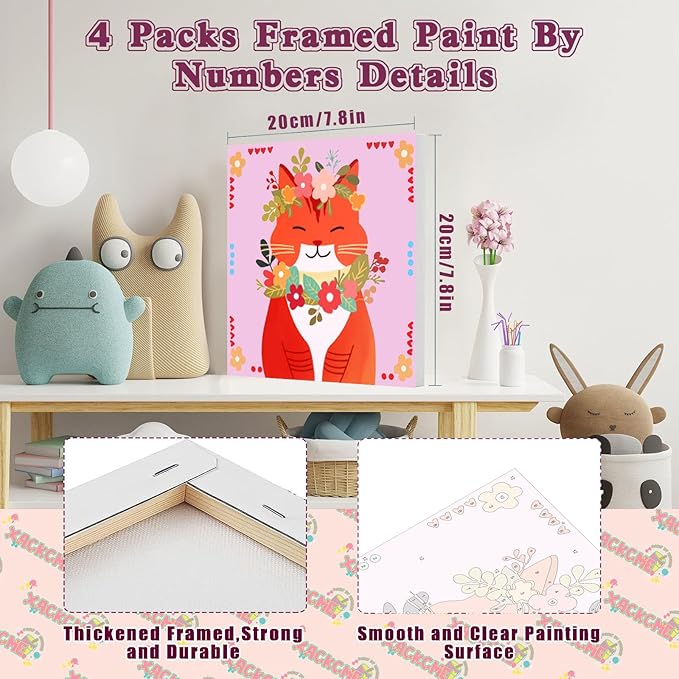 4 Pack Cat Paint by Number for Kids with Wooden Frame, Paint by Numbers for Kids Cats Ages 4-8-12, Easy Cat DIY Acrylic Oil Painting Kits for Home Wall Decor (8X8 inch)