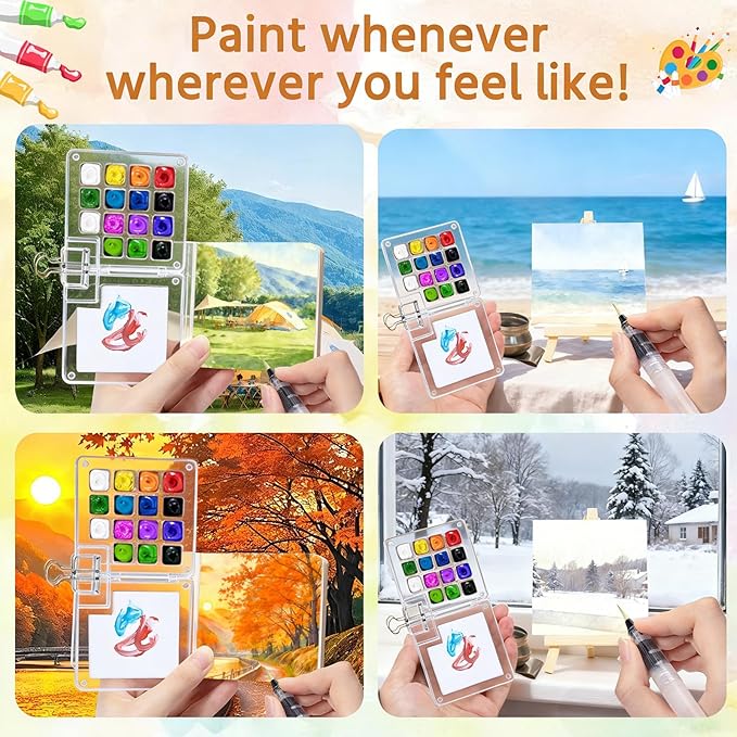 Mini Watercolor Palette Set,34Pcs Artist Watercolor Palette Travel Set with Colors,Wooden Paint Box,Brush,Holder,Oil Cup,Plastic Bottles Storage Bag for Beginners Artists Student(15 Grids)