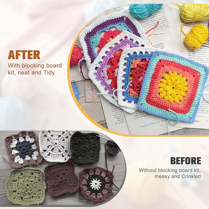 OCPO HOME 15" Crochet Blocking Board with Drawer & 20 Pegs, Granny Square Blocking Board Kit, Blocking Boards for Crochet Projects, Ideal Crocheting Gifts for Crocheters