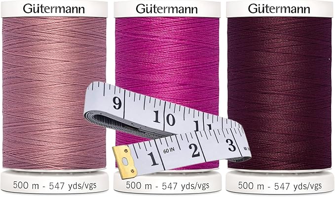 Gutermann Sew-All Thread (500m/547yd Each), 3-Pack Bundle with Bella's Crafts Soft Tape Measure (Pink Mix)