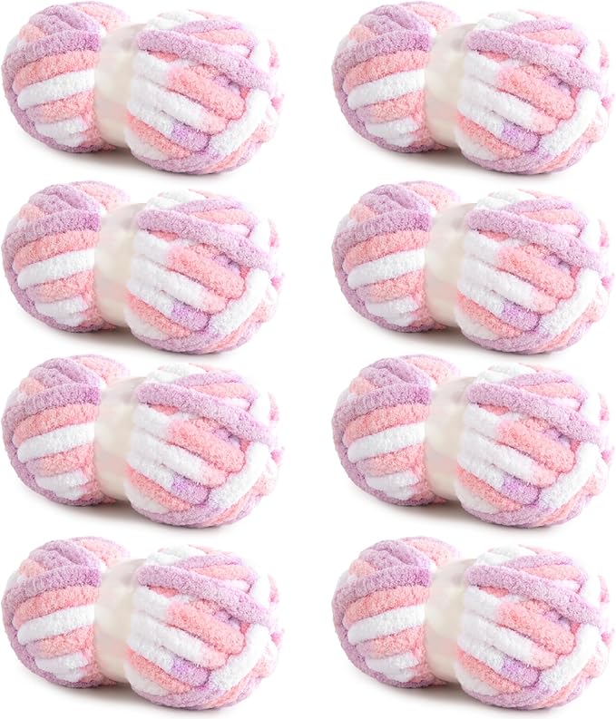 HOMBYS Chunky Tie Dye Mix Chenille Yarn for Hand Knitting, Super Bulky Jumbo Yarn for Crocheting, 3/4" Thick Soft Plush Yarn for Blankets, 8 Skein Pack (26 yds / 7.5 oz Each) Pink Purple
