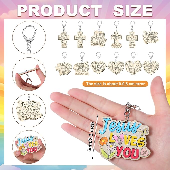 Trnayi 36 Pcs Christian Unfinished Crafts Color Your Own Jesus Loves Me Religious Keychains Wood DIY Coloring Crafts Gifts for Religious Painting DIY Arts Project Decoration