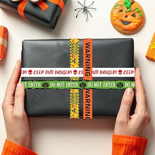 12 Rolls Halloween Washi Tapes, 15 mm Wide Halloween Zombie Caution Creepy Scary Hazard Warning Paper Tape, Horror Decorative Tapes for Scrapbooks, Journals, Haunted House Party Supplies