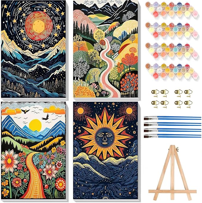 4 Pack Paint by Numbers for Adults with Framed Canvas - with Wooden Easel, Abstract Landscape Paint by Number on Canvas, Scenery Acrylic Oil Painting Kits with Brushes for Home Wall Decor (8x12 inch)