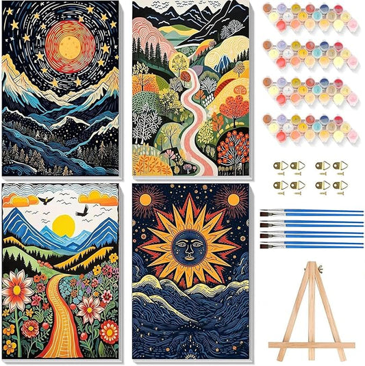4 Pack Paint by Numbers for Adults with Framed Canvas - with Wooden Easel, Abstract Landscape Paint by Number on Canvas, Scenery Acrylic Oil Painting Kits with Brushes for Home Wall Decor (8x12 inch)